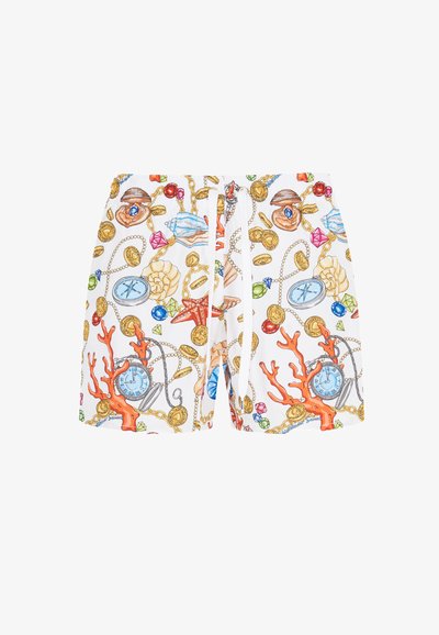 Costumi da bagno da uomo in tessuto bianco con stampe colorate a tema marino, tra cui corallo, conchiglie e vari gioielli. Vita con coulisse.
