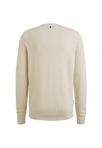 Beige gebreid sweater met een tekstuurpatroon, ronde hals, en geribbelde boorden en onderkant. Heeft een klein etiket aan de achterkant van de hals.