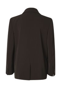 Dark brown tailored blazer shown from the back with a center vent, notch collar, and buttons on the sleeve cuffs.
