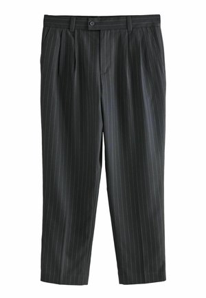 Grau gestreifte Hose mit gefaltetem Vorderteil, aus einem glatten Stoff gefertigt, mit Knopfverschluss und geraden Beinen.