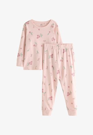 Pink long-sleeve pajama set made of soft cotton, featuring a floral pattern with small leaves and flowers in pink and green. Elastic waistband.