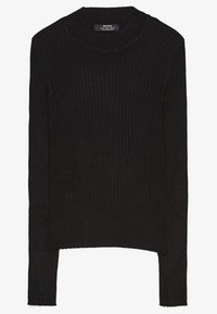 Maglione nero a costine con maniche lunghe e scollo rotondo, caratterizzato da un design aderente e tessuto strutturato. Orlo e polsini presentano un delicato bordo smerlato.