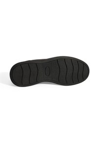 Zwarte rubberen schoenzool met een gestructureerd patroon, voorzien van ribbels voor grip en een afgeronde vorm. Ovale logo aanwezig in het midden.