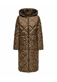 Brązowy, pikowany długi płaszcz z czarnym wzorem w panterkę, wyposażony w kaptur, zamek błyskawiczny z przodu oraz dwie naszywane kieszenie z zatrzaskami.
