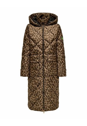 Pintsakestatud pikk mantel pruuni värvi, musta leopardimustriga, kapuutsi, ees tõmbluku ja kahe trukiga taskuga.