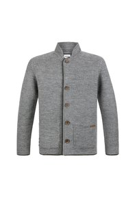 Grau gestrickte Jacke mit hohem Kragen, sieben Holzknöpfen, zwei Vordertaschen und einem strukturierten Strickmuster.