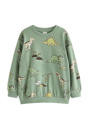 Grøn børne-sweatshirt med lange ærmer med farverige tegneserie-dinosaurer, vulkaner, palmer og dinosauræg printet over det hele.