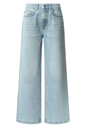 Light blue wide-leg jeans made of denim, featuring a high waist, five pockets, and a button closure. Subtle whiskering detail on front.