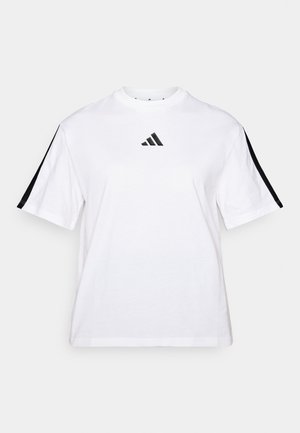 Valkoinen puuvillapaita lyhyillä hihoilla, jossa on mustat sivunauhat ja pieni musta logo rintakappaleessa. Klassinen pyöreä kaula-aukko.