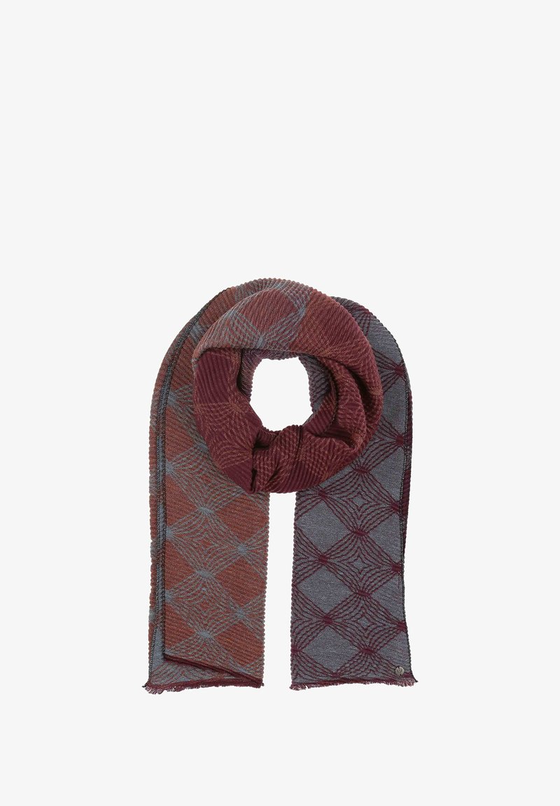 Tkaný šal z geometrijskim vzorcem v burgundski in sivi barvi, z teksturirano površino in frinžastimi robovi. Mehak, lahek material.