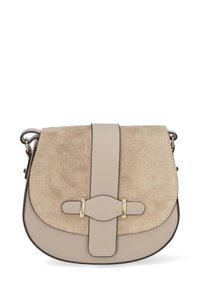 Borsa a tracolla in pelle beige con parte anteriore in suede, design piatto, dettagli in metallo dorato e una caratteristica decorativa sulla tracolla. Compatta e strutturata.