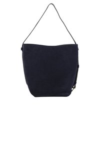 Navy suede bucket bag with a smooth texture, semi-structured shape, and black leather strap, featuring a subtle zip closure.