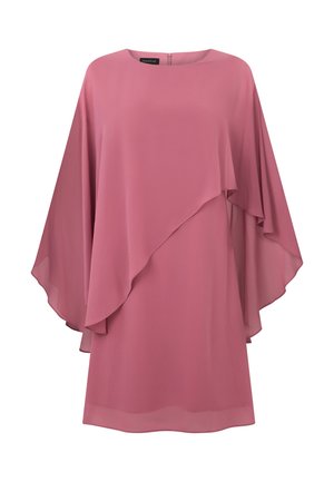 Vestido rosa rosa hasta la rodilla con mangas tipo capa en capas fluidas y superposición frontal asimétrica, escote redondo y cierre de cremallera en la parte trasera.