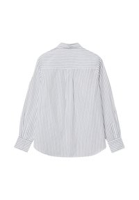 Camicia a maniche lunghe a righe in bianco e blu navy, con colletto abbottonato, design a pieghe sul retro e polsini abbottonati con un singolo bottone.