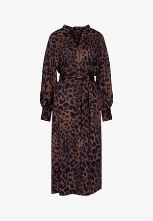 Leopardenmuster Wickelkleid in Braun und Schwarz, mit Kragen, langen Ärmeln, Taillenschnürung und Knopfverschluss. Weiche Stoffstruktur.