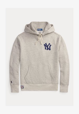 Grijze katoenen hoodie met een voorzak, verstelbare trekkoordkap, geborduurd blauw NY-logo en geribbelde boorden en zoom.