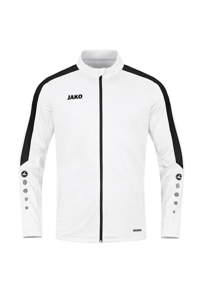Weiße Sportjacke mit schwarzen Akzenten, hohem Kragen, durchgehendem Reißverschluss und einzigartigem Knopfdetail an den Ärmeln. Mit "JAKO"-Logo auf der Brust.