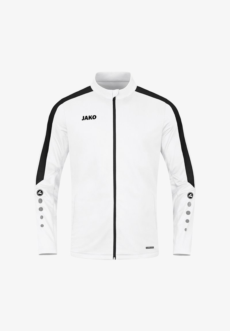 Witte sportjack met zwarte accenten, hoge kraag, volle rits en unieke knoopdetails op de mouwen. Bevat het "JAKO" logo op de borst.