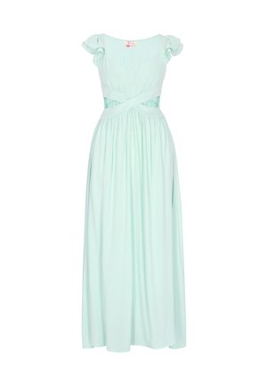 Světle modré maxi šaty s krátkými lehce zvlněnými rukávy, průstřihy v pase ve tvaru kříže a nabíranou sukní sahající až na zem.