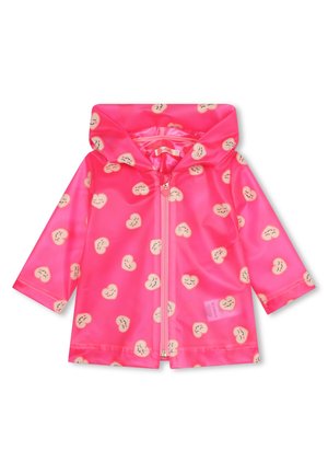 Giacca impermeabile rosa con cappuccio, presenta motivi a faccine sorridenti, chiusura frontale con zip e maniche corte. Texture liscia e lucida.