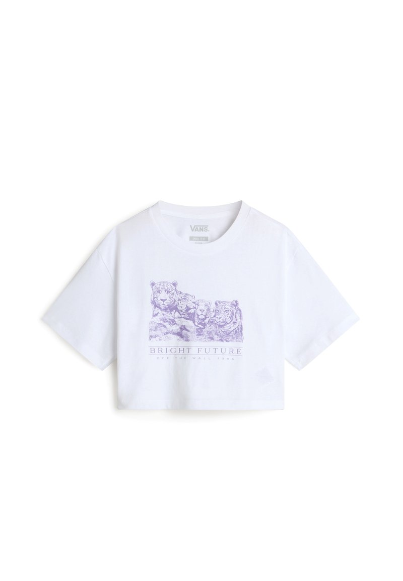 Camiseta blanca recortada de algodón que presenta un gráfico de un tigre púrpura con el texto "FUTURO BRILLANTE" debajo. Mangas cortas.