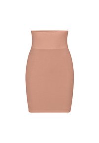 Jupe mini moulante taille haute beige nude avec un design lisse et sans coutures et un tissu extensible.