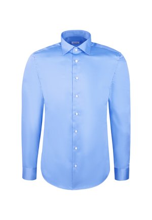 Camicia azzurra a maniche lunghe in tessuto morbido. Presenta un colletto classico, chiusura a bottoni e polsini con un solo bottone, con una vestibilità su misura.