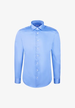 Camicia azzurra a maniche lunghe in tessuto morbido. Presenta un colletto classico, chiusura a bottoni e polsini con un solo bottone, con una vestibilità su misura.