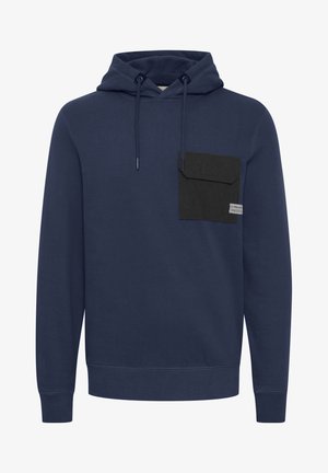 Navy blue hoodie made of soft fabric, featuring a black patch pocket on the left chest with a label, adjustable drawstring, and ribbed cuffs.