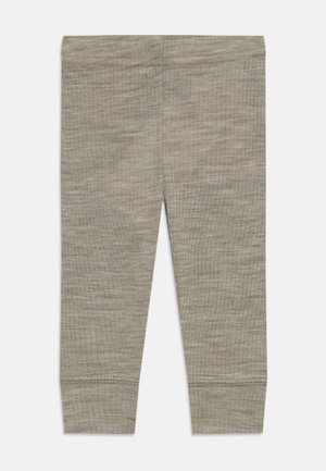 Cotton blend leggings in light gray with a smooth texture, featuring a fitted design and stitched hems at the cuffs and waistband.