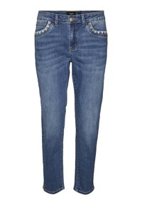 Jeans de denim azul con un corte clásico, costuras decorativas en los bolsillos y una cinturilla robusta con cierre de botón metálico.