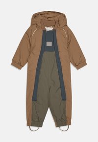 Brūns un zaļš polsterēts snowsuit ar kapuci, elastīgām piedurknēm, kontrastējošu centrālo paneļu un kāju siksnām papildu stabilitātei.
