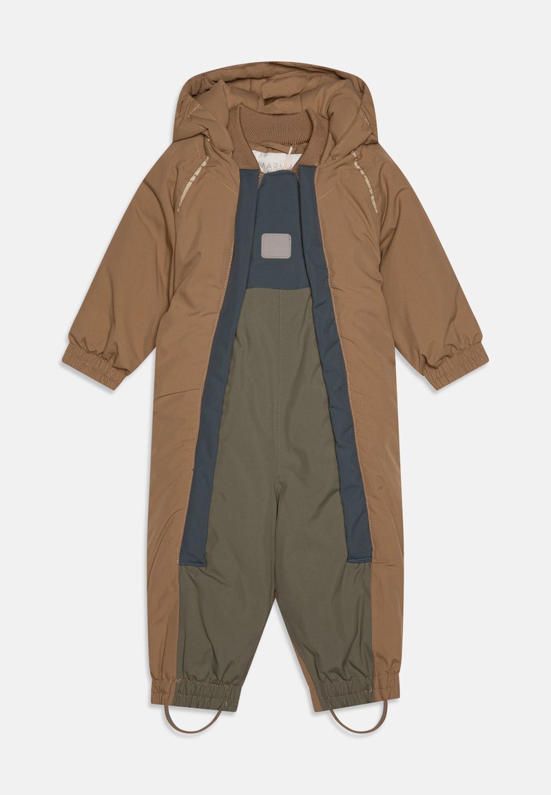 Brūns un zaļš polsterēts snowsuit ar kapuci, elastīgām piedurknēm, kontrastējošu centrālo paneļu un kāju siksnām papildu stabilitātei.
