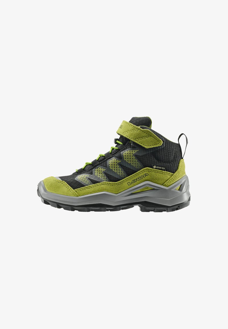 Scarpa da hiking nera e verde lime con caviglia alta, materiale in suede e mesh, suola in gomma, cinturino regolabile e motivo a zigzag sui lati.