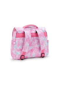 Zaino rosa con motivi floreali e farfalle, realizzato in tessuto resistente. Dotato di spallacci regolabili, maniglia superiore e tasche laterali.