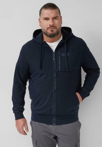 Marineblauwe zip-up hoodie met een relaxte pasvorm, textuurstof, verstelbare trekkoordcapuchon en een ritszak op de borst.
