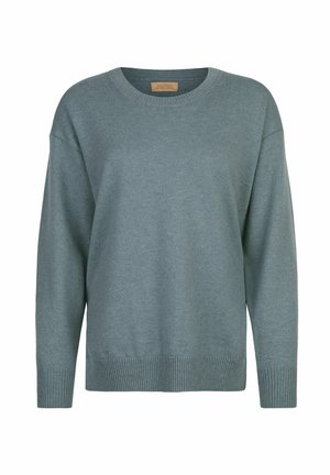 Lyseblå strikket sweater med rund halsudskæring, lange ærmer, ribbede manchetter og kant. Blød tekstur med en afslappet pasform.