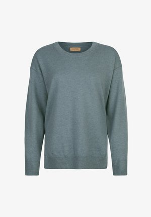 Lyseblå strikket sweater med rund halsudskæring, lange ærmer, ribbede manchetter og kant. Blød tekstur med en afslappet pasform.