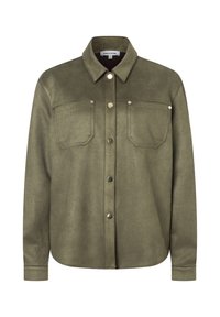 Olivgrüne Shirtjacke mit langen Ärmeln, vorderen Druckknöpfen, zwei Brusttaschen und klassischem Kragen.