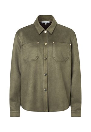Olivgrüne Shirtjacke mit langen Ärmeln, vorderen Druckknöpfen, zwei Brusttaschen und klassischem Kragen.
