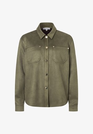 Olijfgroene lange mouwen shirtjack met drukknopen aan de voorkant, twee borstzakken en een klassieke kraag.