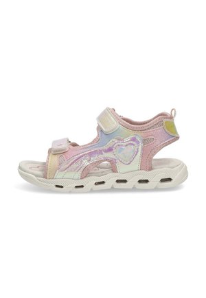 Sandalía infantil de colores pastel con un diseño de corazón, correas ajustables y suela acolchada, ubicada sobre un fondo liso.