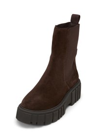 Stivale alla caviglia in suede marrone scuro con suola spessa nera e pannello laterale elastico, dotato di linguetta sul retro.