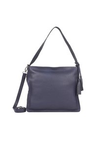 Námořnická kožená kabelka přes rameno s texturovaným povrchem, jedním držadlem, odnímatelným popruhem a dvěma třásňovými akcenty po stranách.