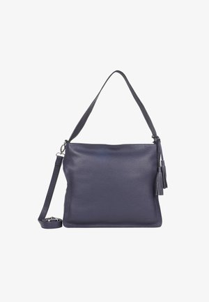 Navyleder Schultertasche mit strukturiertem Finish, einem Griff, abnehmbarem Schulterriemen und doppelten Quastenakzenten an der Seite.