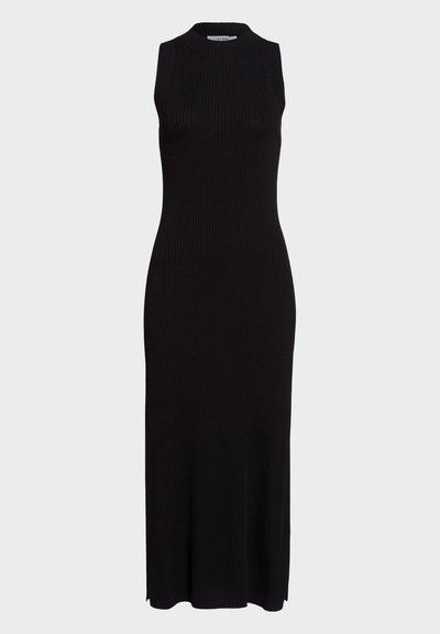 Schwarzes geripptes Strickkleid ohne Ärmel mit hohem Hals, das eng am Körper anliegt und bis zu den Knöcheln reicht, mit einem leichten Ausgestellt am Saum.