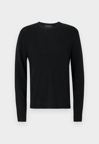 Čierny bavlnený sveter s dlhým rukávom s rebrovanou textúrou, okrúhlym výstrihom a priliehavými rukávmi. Jednoduchý dizajn bez vzorov alebo akcentov.