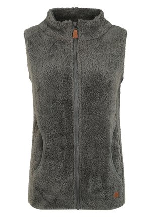 Grauer Fleece-Weste mit hohem Kragen, Reißverschluss vorne und seitlichen Taschen. Verfügt über eine weiche, strukturierte Oberfläche und ein kleines Logo-Details.