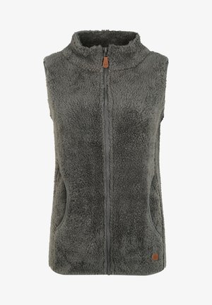 Grå fleecevest med høj krave, lynlåslukning foran og sidelommer. Har en blød, tekstureret overflade og en lille logoaccent.
