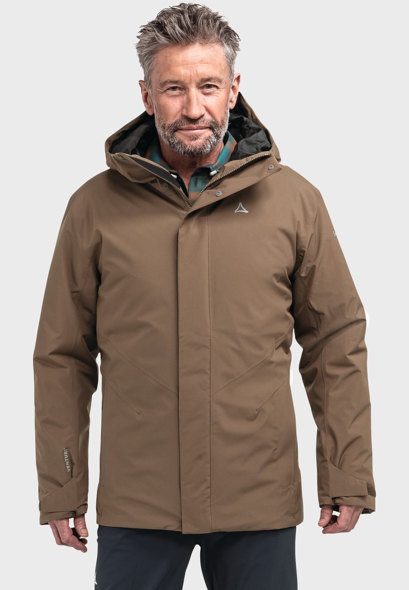 Brown waterproof jacket with a hood, featuring a smooth texture, front zip closure, and geometric stitching accents. Logo on left chest.
